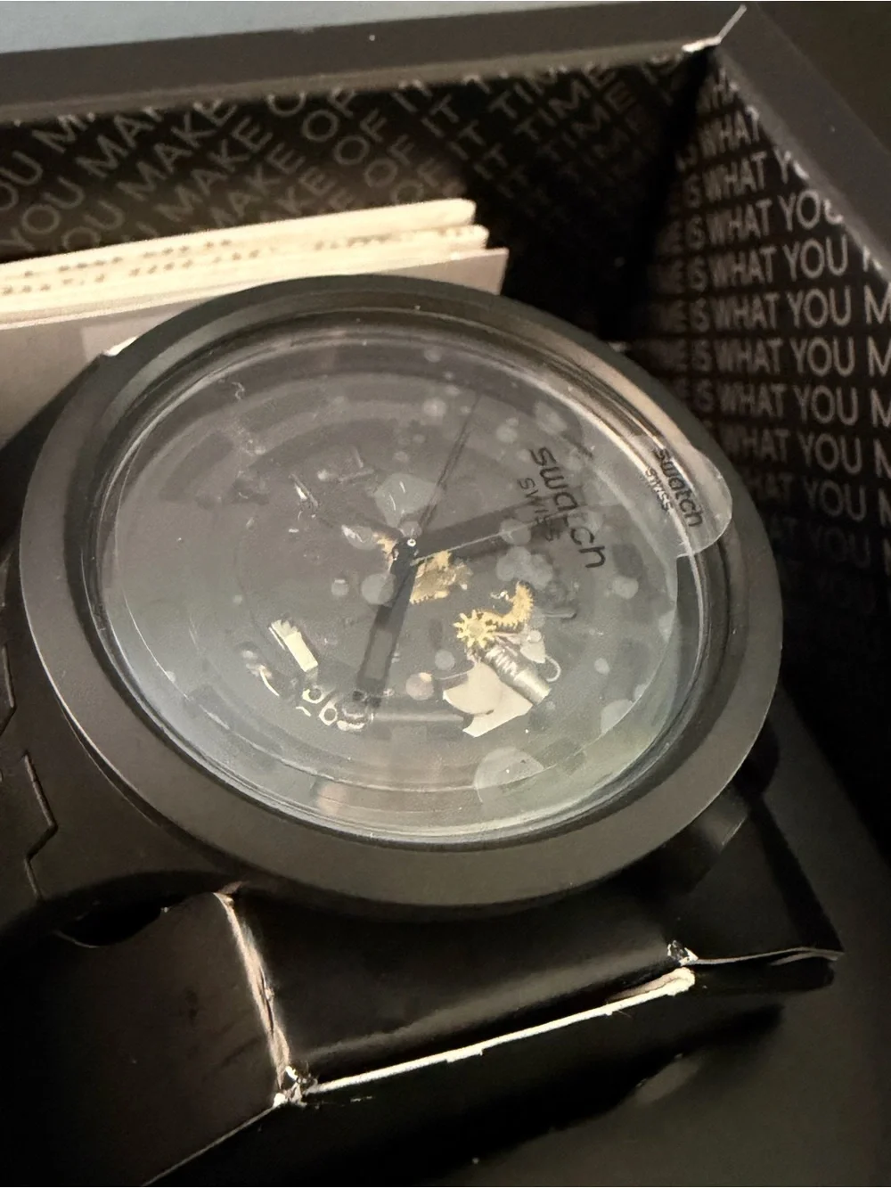 Swatch Black Silicone Skeleton Dial Watch with Gold Accents Bioceramic